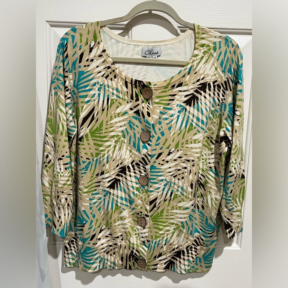 CHAUS SILK BLEND TROPICAL PALM LEAF PRINT CARDIGAN WOMEN SIZE 1X